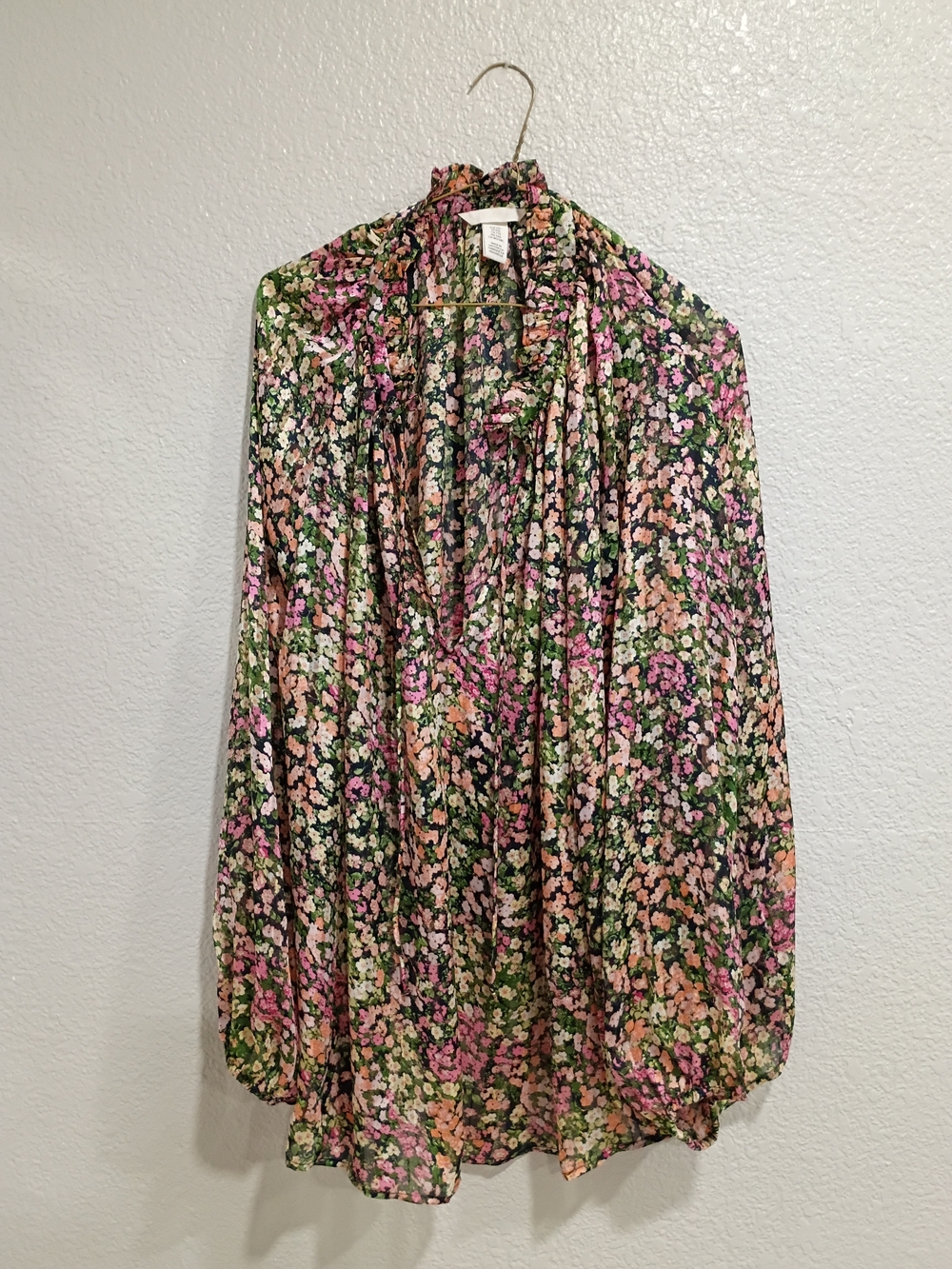 H&M Black Floral Ruffle-Blouse with Pink & Green Accents